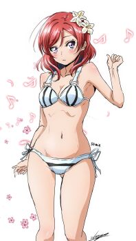 1girl bikini blush breasts cleavage collarbone commentary_request eighth_note feet_out_of_frame flower hair_flower hair_ornament highres lily_(flower) looking_at_viewer love_live! love_live!_school_idol_project medium_breasts musical_note navel nishikino_maki official_alternate_costume pink_flower red_hair shogo_(cureshogo) signature simple_background solo standing stomach swimsuit white_background white_bikini