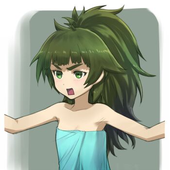 1girl angry bare_shoulders blush collarbone commentary_request flat_chest green_eyes green_hair hiyajou_maho long_hair looking_at_viewer menomorute messy_hair naked_towel official_alternate_hairstyle open_mouth ponytail rectangular_mouth science_adventure solo steins;gate steins;gate_0 thick_eyebrows towel upper_body very_long_hair