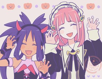 2girls black_dress claw_pose closed_eyes commentary_request dark-skinned_female dark_skin dress facing_viewer fake_horns fangs hair_ornament hairband hairclip highres horn_hairband horns iris_(fall_2022)_(pokemon) iris_(pokemon) jack-o&#039;-lantern lacey_(fall_2025)_(pokemon) lacey_(pokemon) long_hair long_sleeves maid maid_headdress multiple_girls nintendo official_alternate_costume open_mouth pink_hair pokemon pokemon_masters_ex purple_hair shinogo_no short_hair twintails upper_body