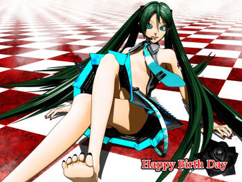 1girl 3d aqua_eyes bare_legs barefoot breasts calne_ca_(deino) cleavage deino_(deino3330) female_focus green_hair hatsune_miku headset lying necktie no_bra open_clothes open_shirt shirt solo twintails upskirt vocaloid