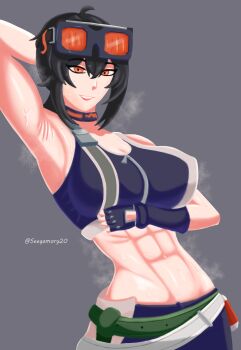 arm_up armpits belt black_gloves black_hair blush breasts crop_top gloves goggles goggles_on_head grace_howard hair_between_eyes highres large_breasts mihoyo muscular muscular_female navel orange_eyes ponytail presenting_armpit seegamory20 short_ponytail simple_background smile solo stomach strong sweatdrop zenless_zone_zero
