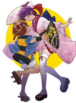 1boy 1girl ^_^ back_bow blue_bow blue_kimono blue_sash bow brown_hair chanchanko_(clothes) choker closed_eyes commentary fang floral_print floral_print_kimono folding_fan full_body gegege_no_kitarou geta gradient_clothes gradient_kimono hair_bow hair_bun hand_fan hand_up highres holding holding_fan japanese_clothes kimono kitarou nejiri_hachimaki nekomusume nekomusume_(gegege_no_kitarou_6) obi obiage obijime okobo open_mouth pink_bow pink_kimono platform_sandals pointy_ears print_bow print_fan print_kimono purple_hair purple_sash red_bow red_choker sandals sash short_hair short_kimono shorts silanduqiaocui smile standing standing_on_one_leg stirrup_legwear tassel thighhighs toeless_legwear untranslatable_commentary white_background white_shorts white_thighhighs wide_sleeves wristband