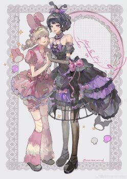 2girls bare_shoulders black_hair black_pantyhose blonde_hair bloomers bow choker collarbone colored_sclera crinoline elbow_gloves frilled_hairband frills fur_leg_warmers gloves hairband highres identity_v interlocked_fingers kuromi lace lace_gloves leg_warmers lily_barriere lily_barriere_(stunning_my_melody) looking_at_viewer mary_(identity_v) mary_(merry_kuromi)_(identity_v) multiple_girls my_melody pantyhose pink_bloomers pink_bow pink_eyes pink_leg_warmers pink_lips puffy_shorts puffy_sleeves purple_bow purple_choker purple_lips purple_sclera sanrio short_twintails shorts sicknevermind solid_eyes thighhighs twintails underwear weibo_username white_bow