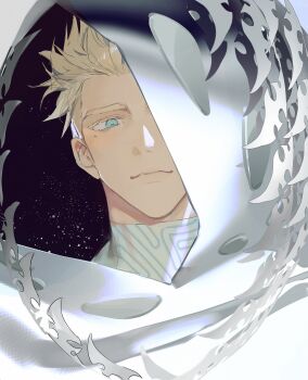 1boy black_background blonde_hair blue_eyes bodysuit citronplanet cloak colored_eyelashes grey_bodysuit highres hood hood_up hooded_cloak light_smile male_focus millions_knives reflective_surface short_hair simple_background solo spiked_hair trigun trigun_stampede upper_body white_background