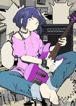 Rule 34 | 1girl, amplifier, bare legs, black choker, black eyes, blue pants, blunt bangs, blunt ends, bob cut, boku no hero academia, bra strap, bracelet, casual, choker, closed mouth, commentary request, electric guitar, guitar, highres, instrument, jewelry, jiro kyoka, laika2slip, long earlobes, looking at viewer, pants, pants rolled up, pink shirt, shirt, short hair, sitting, solo, speech bubble
