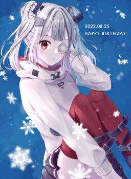1girl ameshi0227 belt commentary_request double_bun grey_hair hair_bun hair_ornament happy_birthday heaven_burns_red highres short_hair snowflakes sweater yamawaki_bon_ivar