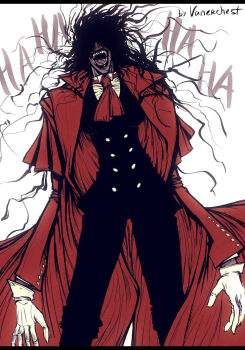 1girl alucard_(hellsing) black_hair boots breasts female_focus formal_clothes genderswap genderswap_(mtf) gloves hair_over_eyes hellsing highres jacket jacket_on_shoulders large_breasts long_hair magic smile smirk smug solo suit threatening vampire very_long_hair white_gloves