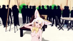 1girl 3d :3 animal_ears animated ass beach blonde_hair blush bouncing_breasts bow bowtie breasts brown_eyes cleft_of_venus crowd dancing fennec_(kemono_friends) fox_ears fox_tail highres kemono_friends koikatsu_(medium) koikatu lucky_beast_(kemono_friends) medium_breasts miniskirt multicolored_hair multicolored_thighhighs navel nipples no_panties outdoors pussy short_hair skirt smile sweater tail thighhighs torea video white_hair white_thighhighs yellow_bow yellow_bowtie yellow_thighhighs