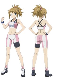 Rule 34 | 1girl, artist request, ass, backboob, bike shorts, blue eyes, breasts, gundam, gundam build fighters, hand on own hip, hands on own hips, highres, hoshino fumina, large breasts, legs, looking at viewer, medium hair, midriff, navel, official art, ponytail, shorts, smile, solo, source request, sports bra, tagme, thighs