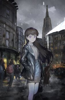 Rule 34 | 1girl, austria, bang dream!, bang dream! it's mygo!!!!!, black bag, black hair, black jacket, brown sweater, commentary, commission, english commentary, grey skirt, hand in pocket, highres, jacket, long hair, looking at viewer, mole, mole under eye, open clothes, open jacket, parted lips, people, purple eyes, rain, real world location, second-party source, shiina taki, skirt, solo focus, sweater, vienna, wb yimo