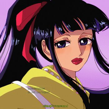1boy black_hair blue_eyes blunt_bangs closed_mouth commentary commission eyelashes hair_ribbon highres itstheenami japanese_clothes kikunojo_(one_piece) kimono male_focus one_piece ponytail purple_background red_lips red_ribbon ribbon sidelocks smile solo twitter_username yellow_kimono