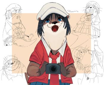 animal_ears beret black_hair blue_eyes blue_skirt brown_fur camera city_(arawi_keiichi) eating fangs food furry furry_female hat highres holding holding_camera izumi_wako jacket necktie newsboy_cap noodles otter otter_ears otter_girl otter_tail pepponeppo ramen red_jacket red_necktie shirt short_sleeves signature skirt smile tail white_fur white_shirt