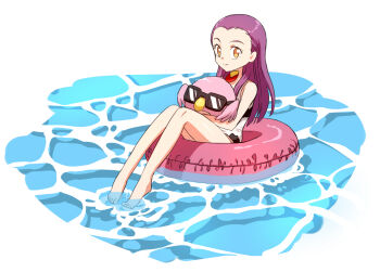 1boy 1girl digimon float highres inoue_miyako long_hair poromon swimsuit water