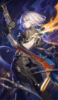 1girl absurdres back_tattoo black_gloves black_jacket black_shorts black_thighhighs breasts commentary cropped_jacket earrings from_behind galbrena_(wuthering_waves) gloves grey_hair gun hand_up highres hokushuu holding holding_gun holding_weapon jacket jewelry looking_at_viewer looking_back medium_breasts medium_hair parted_lips purple_eyes shell_casing shorts solo tacet_mark_(wuthering_waves) tattoo thighhighs thighs weapon wuthering_waves