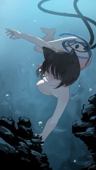 1girl absurdres air_bubble animal_ears barefoot biru_saeika blowing_bubbles blue_archive blue_eyes breasts bubble cat_ears cat_girl cat_tail halo highres kikyou_(blue_archive) kikyou_(swimsuit)_(blue_archive) large_breasts multiple_tails nipples outstretched_arms overlighting puffy_cheeks rock short_hair solo tail topless_female underwater upside-down