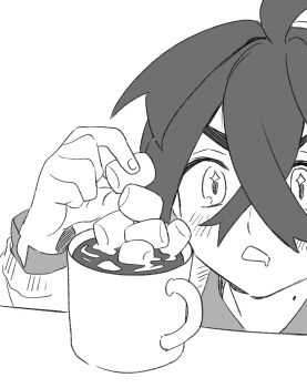 1boy ahoge balancing commentary_request crossed_bangs cup drooling food hair_between_eyes highres holding holding_food hot_chocolate kieran_(pokemon) male_focus marshmallow mole mole_on_neck monochrome mouth_drool mug naruse_makoto nintendo pokemon pokemon_sv sketch solo sparkling_eyes stacking too_many
