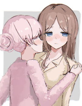 2girls bang_dream! bang_dream!_it&#039;s_mygo!!!!! blue_eyes blush brown_hair chihaya_anon commentary_request hair_bun highres long_hair multiple_girls nagasaki_soyo opuricheri pajamas pink_hair pink_shirt shirt sidelocks single_hair_bun wavy_mouth yellow_shirt yuri