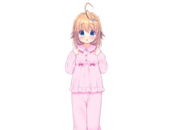 1girl ahoge blonde_hair blue_eyes blush bow buttons chishima_mako collared_shirt cowboy_shot fang game_cg hair_ornament hands_up heart heart_button heart_hair_ornament large_variant_set long_sleeves looking_at_viewer medium_hair non-web_source open_mouth pajamas pants pink_bow pink_pajamas pink_pants pink_shirt piyodera_mucha raised_eyebrows shirt simple_background solo soushisouai_lolita_no_seikatsu standing tachi-e transparent_background variant_set