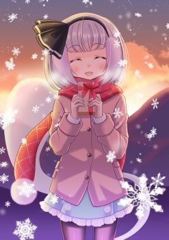 1girl absurdres aka_syouga chocolate closed_eyes highres konpaku_youmu light_smile open_mouth scarf smile snowflakes sunset touhou