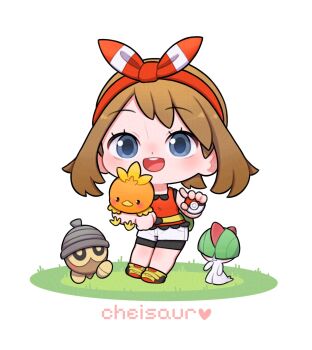 1girl artist_name beak bike_shorts bike_shorts_under_shorts black_shorts blue_eyes blush bowl_cut brown_hair cheisaur chibi colored_skin fanny_pack gen_3_pokemon grass green_hair hairband hand_to_own_mouth heart highres holding holding_poke_ball holding_pokemon light_blush looking_at_viewer may_(pokemon) multicolored_feathers nintendo open_mouth orange_feathers poke_ball poke_ball_(basic) pokemon pokemon_(creature) pokemon_oras ralts red_hairband red_tank_top seedot short_hair shorts simple_background smile solid_circle_eyes tank_top teeth torchic two-tone_feathers upper_teeth_only white_background white_shorts white_skin