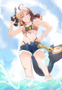 1girl ahoge alternate_costume arm_up bandaid bandaid_on_knee bandaid_on_leg bikini bikini_under_clothes black_tail blonde_hair blue_sky brown_hair closed_eyes cloud commentary cowboy_shot cutoffs day denim denim_shorts english_commentary facing_viewer frilled_bikini frills from_below fuyuu_seibutsu gigi_murin grin hand_on_own_hip highres holding holding_water_gun hololive hololive_english low_twintails medium_hair micro_shorts multicolored_hair navel open_clothes open_fly open_shorts orange_bikini outdoors sharp_teeth short_twintails shorts sky smile solo stomach sunlight swimsuit teeth twintails two-tone_hair virtual_youtuber wading water water_gun wet