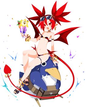 1girl arm_strap bat_wings bendy_straw bikini bird black_nails black_sandals bracelet choker cup demon_girl demon_tail disgaea disgaea_rpg drink drinking_glass drinking_straw earrings etna_(disgaea) eyewear_on_head fang flat_chest food fruit full_body glint gold_bracelet gold_earrings harada_takehito high_heels highres ice ice_cube jewelry long_tail nail_polish navel non-web_source official_art open_mouth orange_(fruit) orange_slice penguin photoshop_(medium) platform_sandals pointy_ears prinny rectangular_eyewear red_eyes red_hair red_tail red_wings sandals sitting slit_pupils solo strapless strapless_bikini sunglasses swimsuit tail thigh_strap toenail_polish toenails transparent_background tropical_drink twintails wings