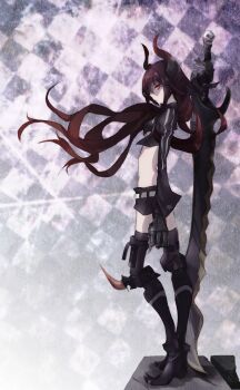 1girl absurdres armor belt black_gold_saw black_jacket black_rock_shooter black_shorts greaves highres horns huge_weapon jacket king_saw long_hair open_clothes open_jacket pale_skin red_eyes red_hair shorts skeletal_hand skull sword takka_(aegis9294) weapon