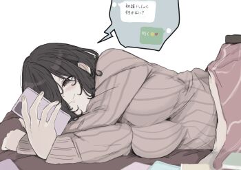1girl black_hair breasts brown_eyes cellphone chat_log hair_over_one_eye highres komagami_mikoto kotatsu large_breasts lying mikoto-chan_wa_kirawaretakunai! on_side phone pt_(hakkinnpt001) smartphone smile solo sweater table translated