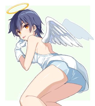 1girl absurdres angel angel_wings ass bare_shoulders black_hair blue_background blue_shorts commentary dress feathered_wings feet_out_of_frame from_behind gloves halo highres kanbaru_suruga looking_at_viewer looking_back manimani_(mani_ma) monogatari_(series) shorts shoulder_blades simple_background solo thighs tomboy tongue tongue_out traditional_halo white_dress white_gloves white_wings wings yellow_eyes