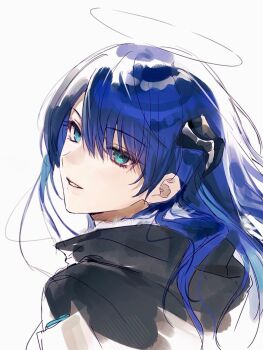 1girl aqua_eyes arknights black_halo black_horns blue_hair cropped_shoulders hair_between_eyes halo horns long_hair looking_at_viewer mostima_(arknights) parted_lips qinglai_haiji simple_background smile solo traditional_halo turning_head white_background