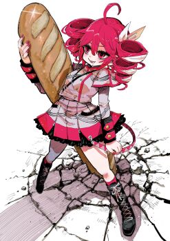 1girl absurdres ahoge baguette black_boots boots bow bread buttons crack cracked_floor drill_hair drooling food grey_jacket grey_skirt hair_between_eyes hair_bow hashtag-only_commentary highres holding holding_food jacket kasane_teto kasane_teto_(sv) lace-up_boots legs_apart long_sleeves mouth_drool nakayama_atsushi open_mouth oversized_food oversized_object red_eyes red_hair red_nails shoulder_belt skirt solo standing synthesizer_v twin_drills white_background white_bow