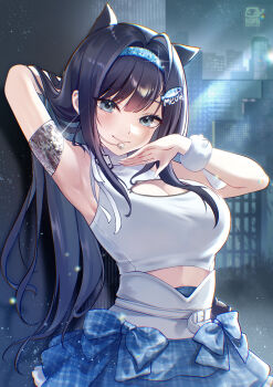 1girl absurdres aqua_headband arm_behind_head armpits black_hair blue_eyes blue_headband blue_skirt blush breasts cat_ornament cleavage closed_mouth clothing_cutout commentary_request d_plan fish_hair_ornament goddess_of_victory:_nikke hair_ornament hairband headband headset highres idol large_breasts long_hair looking_at_viewer midriff_peek mint_(nikke) shirt skirt sleeveless smile solo