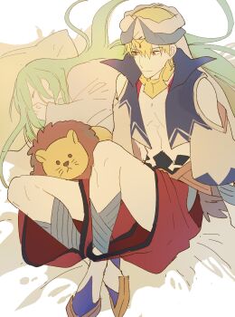 Rule 34 | 1boy, 1other, androgynous, armor, blonde hair, blue vest, circlet, closed eyes, closed mouth, clothing cutout, commentary request, covering own mouth, crossed legs, earrings, enkidu (fate), fate/grand order, fate (series), faulds, full body, gem, gilgamesh, gilgamesh (caster) (fate), gilgamesh (fate), gold armor, gold earrings, gold sandals, green hair, hair between eyes, highres, hoop earrings, horns, jewelry, long hair, long sleeves, looking at another, lying, on side, open clothes, open vest, pants, pillow, red eyes, red gem, red pants, robe, ryousuke (tukr5384), sandals, short hair, simple background, sitting, smile, stuffed animal, stuffed lion, stuffed toy, turban, veil, very long hair, vest, wavy hair, white background, white robe, white turban, white veil, wide sleeves