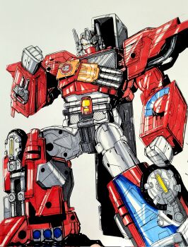 Rule 34 | arm mounted weapon, autobot, fire convoy, highres, insignia, livioramondelli, mecha, mecha focus, no humans, robot, science fiction, super robot, transformers, transformers: car robots, wheel, white background, yellow eyes