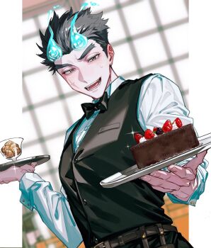 1boy belt black_bow black_bowtie black_hair black_pants black_vest blue_fire bow bowtie brown_belt brown_eyes cake chestnut chocolate_cake collared_shirt facial_scar fiery_horns fire food fructua_kk holding holding_food holding_tray horns male_focus open_mouth pants sakimori_toji scar scar_on_cheek scar_on_face shirt smile solo spiked_hair thick_eyebrows tokyo_houkago_summoners tray vest white_shirt window