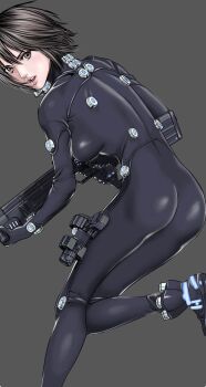 1girl absurdres black_bodysuit black_hair bodysuit breasts brown_eyes brown_hair energy_gun finger_on_trigger foot_out_of_frame from_behind gantz gantz_suit gun hair_between_eyes highres holding holding_gun holding_weapon impossible_bodysuit impossible_clothes latex latex_bodysuit leaning_forward lips looking_at_viewer looking_back medium_breasts official_art oku_hiroya open_mouth short_hair simple_background skin_tight solo standing standing_on_one_leg teeth v-shaped_eyebrows weapon x-gun x-rifle yamasaki_anzu
