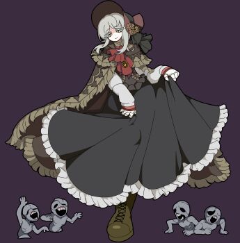 1girl absurdres ascot bloodborne bonnet boots brown_bonnet cloak coat doll_joints dress fingerless_gloves gloves hat hat_ornament highres hood hoodie joints kekeken long_hair messengers_(bloodborne) orange_hoodie plain_doll red_ascot red_bonnet simple_background skull_hat_ornament smile white_hair yellow_eyes