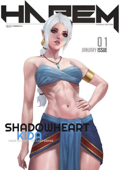 1girl 2024 abs absurdres armlet artist_name atlantis:_the_lost_empire baldur's_gate character_name commentary copyright_name cosplay crystal_necklace dungeons_&amp;_dragons dungeons_&amp;_dragons english_commentary facial_tattoo gold_armlet highres january kidagakash kidagakash_(cosplay) long_hair monori_rogue pointy_ears scar scar_on_face scar_on_nose shadowheart_(baldur's_gate) solo tattoo white_hair