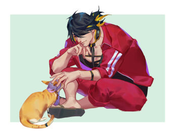 1boy black_hair border cat closed_mouth full_body jacket male_focus nagasone_kotetsu ncww_rinichi orange_eyes pants pectorals red_jacket red_pants sandals short_hair sitting solo sparse_stubble touken_ranbu white_border