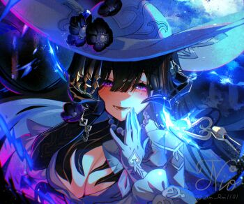 1girl black_hair breasts commentary demon_girl demon_horns dress honkai:_star_rail honkai_(series) horns large_breasts looking_at_viewer om_rm1101 purple_eyes solo the_dahlia_(honkai:_star_rail) white_dress