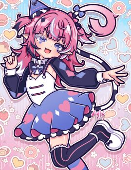 1girl absurdres ant_(db_antlion) artist_name black_hair black_ribbon bow camila_(vtuber) candy collar commentary diamond-shaped_pupils diamond_(shape) donut english_commentary facial_mark fang food footwear_bow frilled_collar frills fruit hair_ribbon hat heart heart_print highres indie_virtual_youtuber long_hair long_sleeves macaron mismatched_thighhighs multicolored_hair open_mouth outline party_hat pink_hair pointy_ears pudding purple_eyes purple_skirt ribbon shoes short_twintails skirt smile solo standing standing_on_one_leg strawberry streaked_hair symbol-shaped_pupils tail tail_bow tail_ornament triangle triangle_facial_mark twintails virtual_youtuber white_hair white_shoes wrapped_candy