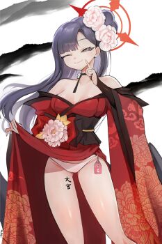 1girl bare_shoulders black_hair blue_archive blush body_writing breasts cleavage commentary dress english_commentary estelle8js grey_hair halo highres ichika_(blue_archive) japanese_clothes long_hair looking_at_viewer one_eye_closed panties smile solo thighs underwear