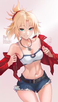 Rule 34 | 1girl, bandeau, belt, blonde hair, blue shorts, braid, breasts, cleavage, cutoffs, denim, denim shorts, fate/apocrypha, fate/grand order, fate (series), green eyes, grin, highres, jacket, jewelry, long hair, long sleeves, looking at viewer, mordred (fate), mordred (memories at trifas) (fate), navel, necklace, open clothes, open jacket, parted bangs, ponytail, red jacket, shiro font, short shorts, shorts, sidelocks, small breasts, smile, solo, thighs