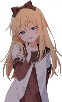 1girl blonde_hair blue_eyes blush bow brown_bow brown_sailor_collar collarbone dress hair_between_eyes hair_bow hand_up highres layered_sleeves long_hair long_sleeves looking_at_viewer nanamori_school_uniform nnn_yryr open_mouth pleated_dress red_dress sailor_collar school_uniform shirt short_over_long_sleeves short_sleeves simple_background solo toshinou_kyouko upper_body white_background white_shirt winter_uniform yuruyuri