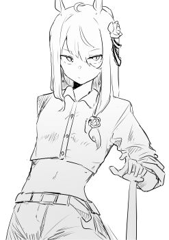 1girl absurdres ahoge animal_ears belt belt_buckle breasts buckle buttons collared_shirt cyan_(horse_race_tests) flower hair_flower hair_ornament hair_ribbon highres horse_ears horse_girl horse_race_tests looking_to_the_side medium_hair midriff monochrome pants remise ribbon shirt sidelocks simple_background sleeves_rolled_up small_breasts solo superstitional_realism upper_body white_background white_pants white_shirt white_theme