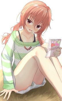 Rule 34 | 1girl, :d, arm at side, bare shoulders, blush, casual, collarbone, commentary request, feet out of frame, green panties, hair between eyes, handheld game console, holding, holding handheld game console, inaba meguru, jewelry, knees up, long hair, looking at viewer, low twintails, mochikumo, necklace, nintendo 3ds, nose blush, off-shoulder sweater, off shoulder, official alternate costume, official alternate hairstyle, open mouth, orange hair, panties, panty peek, red eyes, sanoba witch, shorts, simple background, sitting, sleeves past wrists, smile, solo, sparkle, striped clothes, striped sweater, sweater, thighs, twintails, underwear, white background, white shorts