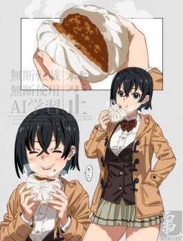 1girl artist_name closed_eyes colored_inner_hair commentary_request eating food hand_in_pocket highres holding holding_food kamezaemon kirisaki_minato multicolored_hair original short_hair solo speech_bubble steamed_bun
