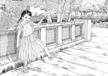 1girl backpack bag braid child commentary_request crocs crosshatching greyscale halftone hatching_(texture) highres monochrome nashika_t open_mouth original outdoors shadow shirt shoes skirt solo standing standing_on_one_leg teeth tree twin_braids upper_teeth_only