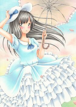 1girl :o absurdres arm_up ascot blue_ascot blue_bow blue_dress blush bow collared_dress commentary_request dress feet_out_of_frame floating_hair gradient_sky grey_eyes hand_up hat hat_bow highres holding holding_umbrella layered_dress looking_at_viewer marker_(medium) midori_(mira567) original outdoors parted_lips short_sleeves sky solo traditional_media umbrella white_hat wind