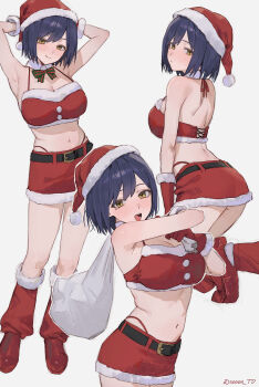 1girl absurdres armpits arms_up artist_name bow bowtie breasts cleavage commentary_request from_behind green_bow green_bowtie hat highres looking_at_viewer midriff multiple_views navel nijisanji red_hat red_shorts santa_costume santa_hat shizuka_rin short_hair short_shorts shorts simple_background smile sooon stomach striped_bow striped_bowtie striped_clothes twitter_username virtual_youtuber watermark white_background yellow_eyes
